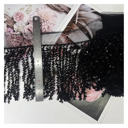 Fransenquastenbesatz, 20 cm breite Spitzenquasten mit Pailletten for Kleider, for Nähen von Garnituren, Couture, langen Röcken, Basteln, dekorative Fransenbesatz, Quastenspitze (weiß)(Black) von SLSKO