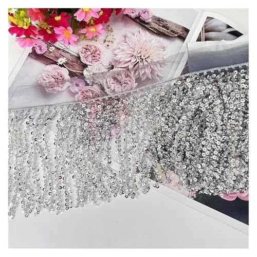 Fransenquastenbesatz, 20 cm breite Spitzenquasten mit Pailletten for Kleider, for Nähen von Garnituren, Couture, langen Röcken, Basteln, dekorative Fransenbesatz, Quastenspitze (weiß)(Silver) von SLSKO