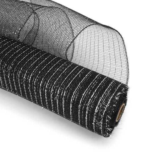 Netzgarnrolle, Netzband, 25,4 cm x 9,1 m, dekoratives Netzband mit metallischem Band, Netzrolle for Kranzbasteldekor, Netzstoff (rot)(Black) von SLSKO