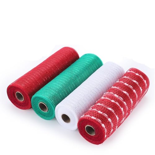 Netzgarnrolle, Netzband, 25,4 cm x 9,1 m, dekoratives Netzband mit metallischem Band, Netzrolle for Kranzbasteldekor, Netzstoff (rot)(Color) von SLSKO