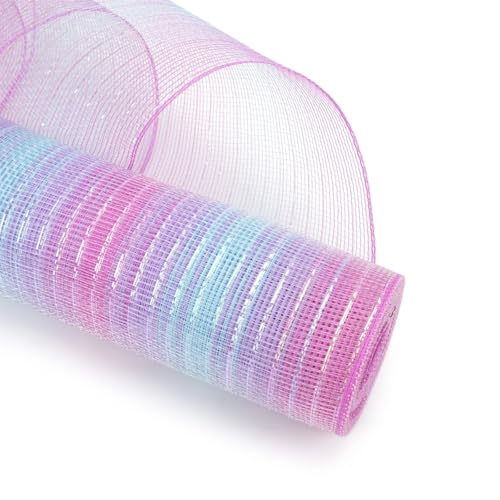 Netzgarnrolle, Netzband, 25,4 cm x 9,1 m, dekoratives Netzband mit metallischem Band, Netzrolle for Kranzbasteldekor, Netzstoff (rot)(Red Blue Striples) von SLSKO