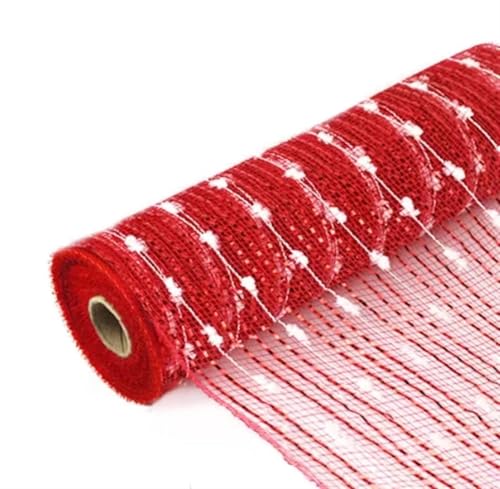 Netzgarnrolle, Netzband, 25,4 cm x 9,1 m, dekoratives Netzband mit metallischem Band, Netzrolle for Kranzbasteldekor, Netzstoff (rot)(Red White Striples) von SLSKO