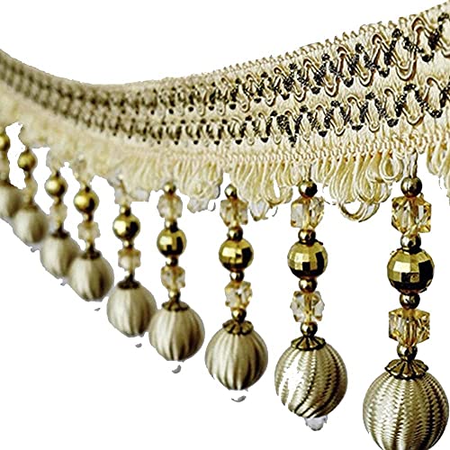 Quastenbesatz, Exquisite Quastendekoration, 3 Yards Pom Pom-Fransenbesatz, Perlenkugel-Fransen-Quastenbesatzband for dekoratives Vorhangband for Klavierabdeckungen (grau) (1 m) (Farbe: Grau)(Beige) von SLSKO
