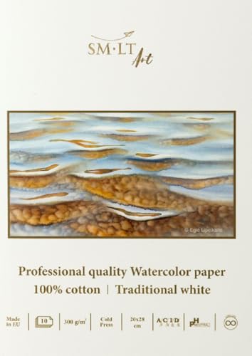 SM.LT Aquarellblock, weißes Papier, 100 % Baumwolle, Format 20 x 28 cm, bestehend aus 10 Blatt, 300 g/m², AS-10(300) ST/PRO von SM.LT