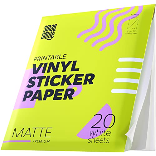 Bedruckbares Premium-Vinyl-Aufkleberpapier für Tintenstrahldrucker und Laser, 20 matte Aufkleberpapier, wasserdicht, 21,6 cm х 27,9 cm, Aufkleberbögen, schnell trocknend, beste Haltbarkeit, ideal für Bedruckbares Premium-Vinyl-Aufkleberpapier für Tintenstrahldrucker und Laser, 20 matte Aufkleberpapier, wasserdicht, 21,6 cm х 27,9 cm, Aufkleberbögen, schnell trocknend, beste Haltbarkeit, ideal für von SMALL SMILE