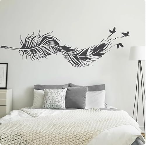Wandtattoo gebogene Feder mit fliegenden Vögeln Freies Wandtattoo Schlafzimmer Wohnzimmer, schwarz, 90 cm Breite x 28 cm hoch selbstklebender abnehmbarer moderner Vinyl-Poster-Aufkleber Wandtattoo gebogene Feder mit fliegenden Vögeln Freies Wandtattoo Schlafzimmer Wohnzimmer, schwarz, 90 cm Breite x 28 cm hoch selbstklebender abnehmbarer moderner Vinyl-Poster-Aufkleber von SMALLSNOT
