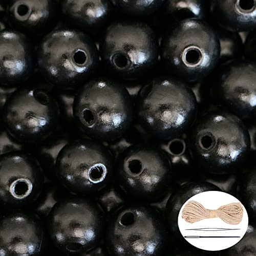 100 Stück schwarze Holzperlen mit 5 mm Loch, runde, lose Perlen, poliert, Abstandshalter mit 10 m Jute-Schnur für Bauernhaus-Perlen, Halsketten, Armbänder, Schmuckherstellung – 20 mm von SMANTA