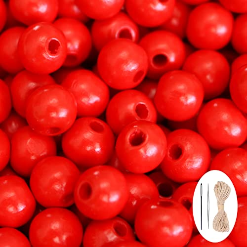 300 Stück rote natürliche Holzperlen zum Basteln, verschiedene gebeizte runde lose Perlen, kleine Holz-Abstandshalter mit 10 m Hanfseil für Girlanden, Halsketten, Schmuckherstellung – 14 mm von SMANTA