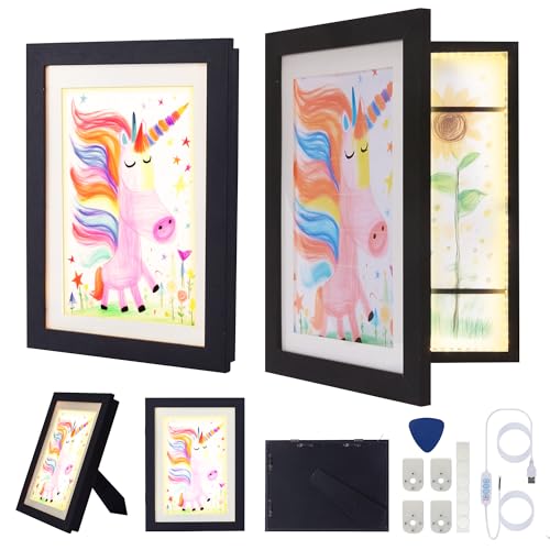 Smart Chez Moi 2 Stück Bilderrahmen Kinderzeichnungen A4 – LED Beleuchtet, Zeichenrahmen mit Frontöffnung, Speicher für 150 Zeichnungen, Farbe: Holz/Weiß/Schwarz. von SMART CHEZ MOI
