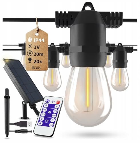 SMART LED Lichterkette Außen Solar 20m mit 20 E27 LED-Lampen – Warmweiß, Fernbedienung, 4 Modi, USB-Ladefunktion, IP44 Wetterfest – für Garten, Balkon, Terrasse SMART LED Lichterkette Außen Solar 20m mit 20 E27 LED-Lampen – Warmweiß, Fernbedienung, 4 Modi, USB-Ladefunktion, IP44 Wetterfest – für Garten, Balkon, Terrasse von SMART LED