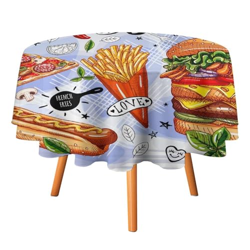 Abstrakte, Moderne Tischdecken mit Pommes- und Hamburgermotiv, rund, 152,4 cm, Aquarell-Fast-Food-Pommes-Frites-Pizza-Druck für Küche und Esszimmer Abstrakte, Moderne Tischdecken mit Pommes- und Hamburgermotiv, rund, 152,4 cm, Aquarell-Fast-Food-Pommes-Frites-Pizza-Druck für Küche und Esszimmer von SMAZDFXX