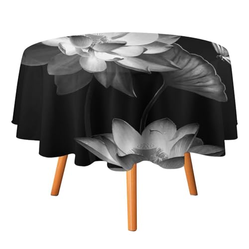 Abstrakte Florale Lotus-Tischdecken, rund, 91,4 cm, Retro-Aquarell, schwarz-weiß, Libelle, Lotusblume, Tischdecken, waschbar für drinnen und draußen Abstrakte Florale Lotus-Tischdecken, rund, 91,4 cm, Retro-Aquarell, schwarz-weiß, Libelle, Lotusblume, Tischdecken, waschbar für drinnen und draußen von SMAZDFXX