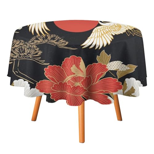 Abstrakte japanische Tischdecken, rund, 127 cm, Vintage-Tischdecke in Schwarz und Gold, japanische Kiefer, roter Sonnenkranich, Blumenmuster, waschbar für drinnen und draußen Abstrakte japanische Tischdecken, rund, 127 cm, Vintage-Tischdecke in Schwarz und Gold, japanische Kiefer, roter Sonnenkranich, Blumenmuster, waschbar für drinnen und draußen von SMAZDFXX