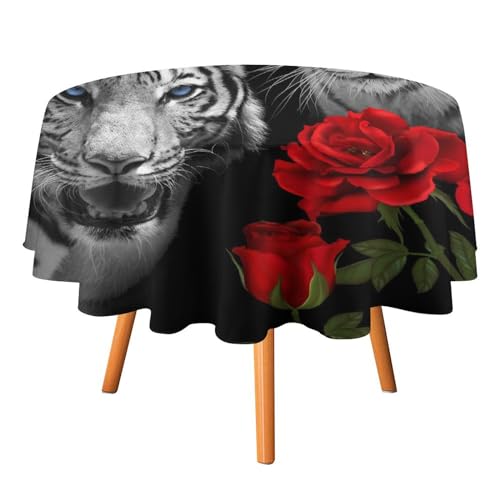 Coole Tischdecken mit weißem Tiger, rund, 91,4 cm, Wildtier-Tiger, rote Rose, Blumenmuster, für Küche und Esszimmer Coole Tischdecken mit weißem Tiger, rund, 91,4 cm, Wildtier-Tiger, rote Rose, Blumenmuster, für Küche und Esszimmer von SMAZDFXX