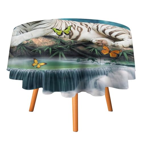 Coole weiße Tiger-Tischdecke, rund, 177,8 cm, Märchen, Wildtier, Tiger, Wasserfall, Schmetterling, Vollmond, für Küche und Esszimmer Coole weiße Tiger-Tischdecke, rund, 177,8 cm, Märchen, Wildtier, Tiger, Wasserfall, Schmetterling, Vollmond, für Küche und Esszimmer von SMAZDFXX