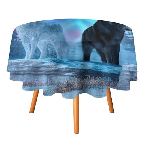 Fantasy-Tischdecken, rund, 127 cm, Weiß und Schwarz, Wolf, Abstrakter Mond, Aurora, Wildtier-Wolf-Druck für Küche und Esszimmer Fantasy-Tischdecken, rund, 127 cm, Weiß und Schwarz, Wolf, Abstrakter Mond, Aurora, Wildtier-Wolf-Druck für Küche und Esszimmer von SMAZDFXX