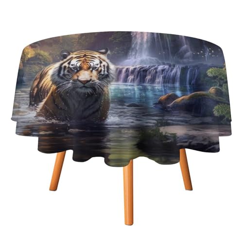 Fantasy Wildlife Tiger-Tischdecken, rund, 178 cm, Märchen-Wildtier-Tiger-Wasserfall-Druck für Küche und Esszimmer Fantasy Wildlife Tiger-Tischdecken, rund, 178 cm, Märchen-Wildtier-Tiger-Wasserfall-Druck für Küche und Esszimmer von SMAZDFXX