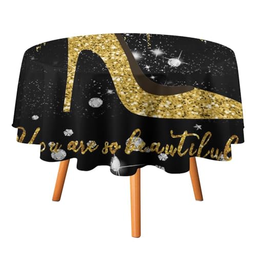 Goldene Glitzer-Tischdecke mit High Heels, rund, 127 cm, modisches Damen-Make-up-Thema, Goldener Tropfen-Diamant-Glitzerdruck für Tischdecke für Küche und Esszimmer Goldene Glitzer-Tischdecke mit High Heels, rund, 127 cm, modisches Damen-Make-up-Thema, Goldener Tropfen-Diamant-Glitzerdruck für Tischdecke für Küche und Esszimmer von SMAZDFXX