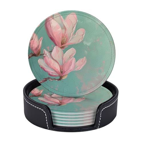 Lederuntersetzer 6er-Set mit Halter, runde Getränkeuntersetzer, Acrylfarben, Frühlingsblumen-Trinkuntersetzer, Untersetzer für Couchtisch, waschbare Tassentischunterlagen, geeignet für alle Arten von Lederuntersetzer 6er-Set mit Halter, runde Getränkeuntersetzer, Acrylfarben, Frühlingsblumen-Trinkuntersetzer, Untersetzer für Couchtisch, waschbare Tassentischunterlagen, geeignet für alle Arten von von SMAZDFXX