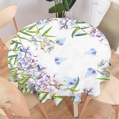 Lila Schmetterlings-Frühlings-Tischdecken, maschinenwaschbar, für drinnen und draußen, rustikale Aquarell-Blumenschmetterlinge, runde Tischdecken für die Küche, 91,4 cm Lila Schmetterlings-Frühlings-Tischdecken, maschinenwaschbar, für drinnen und draußen, rustikale Aquarell-Blumenschmetterlinge, runde Tischdecken für die Küche, 91,4 cm von SMAZDFXX