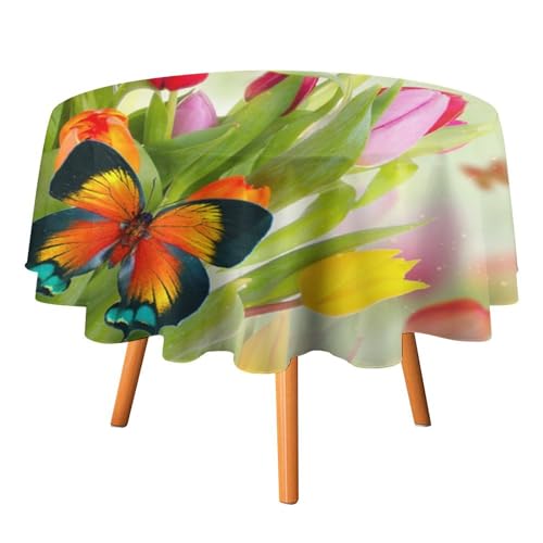 Moderne Tischdecken mit Blumenmuster und Schmetterlingen, rund, 91,4 cm, Bunte Märchen, Tulpen, blühende Blumen, Schmetterlinge, waschbar, für den Innen- und Außenbereich Moderne Tischdecken mit Blumenmuster und Schmetterlingen, rund, 91,4 cm, Bunte Märchen, Tulpen, blühende Blumen, Schmetterlinge, waschbar, für den Innen- und Außenbereich von SMAZDFXX