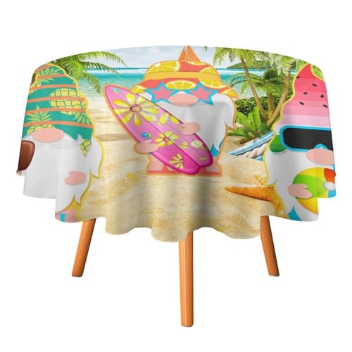 Niedliche Sommer-Zwerg-Tischdecke, rund, 91,4 cm, Cartoon-Strand-Thema, Zwerg, Palme, tropisches Obst-Design für Küche und Esszimmer Niedliche Sommer-Zwerg-Tischdecke, rund, 91,4 cm, Cartoon-Strand-Thema, Zwerg, Palme, tropisches Obst-Design für Küche und Esszimmer von SMAZDFXX