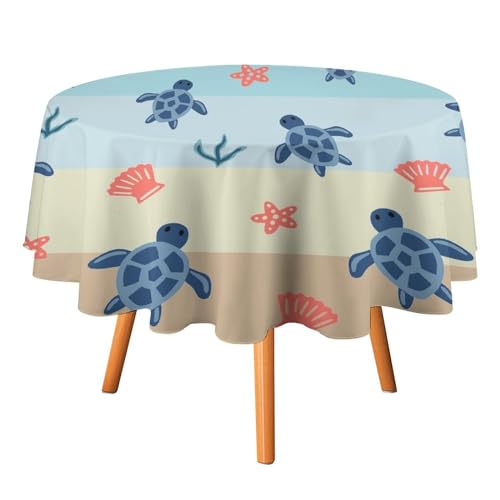 Niedliche Tischdecke mit Meeresschildkröten, rund, 177,8 cm, lustiges Cartoon-Motiv mit nautischem Strandmotiv, Unterwasserwelt, Wildtiere, Meeresschildkröten für Küche und Esszimmer von SMAZDFXX