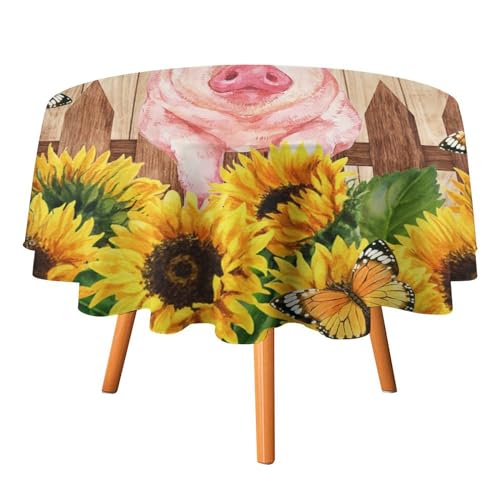 Rustikale Bauernhaus-Tischdecke mit Schweinchenmotiv, rund, 127 cm, abstrakte Holztiere, Schmetterling, Schwein, Aquarell, Sonnenblume, für Küche und Esszimmer Rustikale Bauernhaus-Tischdecke mit Schweinchenmotiv, rund, 127 cm, abstrakte Holztiere, Schmetterling, Schwein, Aquarell, Sonnenblume, für Küche und Esszimmer von SMAZDFXX