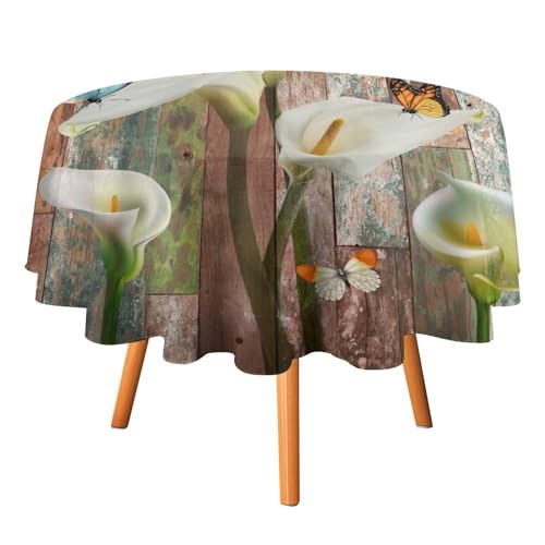 Rustikale Calla-Lilien-Tischdecken, rund, 91,4 cm, Retro-Blumen, Schmetterlinge, Bunte Holzbretter, Bauernhaus-Tischdecken, waschbar für den Innen- und Außenbereich Rustikale Calla-Lilien-Tischdecken, rund, 91,4 cm, Retro-Blumen, Schmetterlinge, Bunte Holzbretter, Bauernhaus-Tischdecken, waschbar für den Innen- und Außenbereich von SMAZDFXX
