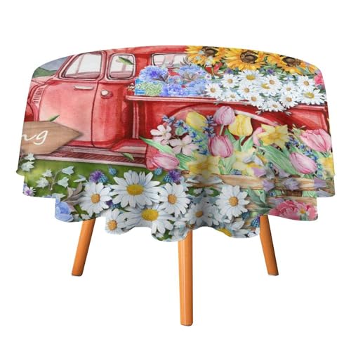Rustikale Tischdecke „Hello Spring, rund, 127 cm, roter LKW, Aquarell, bunt, Blumenmuster, Sonnenblume, Gänseblümchen, Tulpe, für Küche und Esszimmer Rustikale Tischdecke „Hello Spring, rund, 127 cm, roter LKW, Aquarell, bunt, Blumenmuster, Sonnenblume, Gänseblümchen, Tulpe, für Küche und Esszimmer von SMAZDFXX