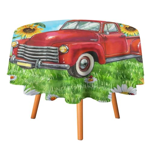 Tischdecke „Hello Spring Truck, rund, 152,4 cm, rustikales Bauernhaus, Aquarell, Marien, Sonnenblume, weiße Gänseblümchen, für Küche und Esszimmer Tischdecke „Hello Spring Truck, rund, 152,4 cm, rustikales Bauernhaus, Aquarell, Marien, Sonnenblume, weiße Gänseblümchen, für Küche und Esszimmer von SMAZDFXX