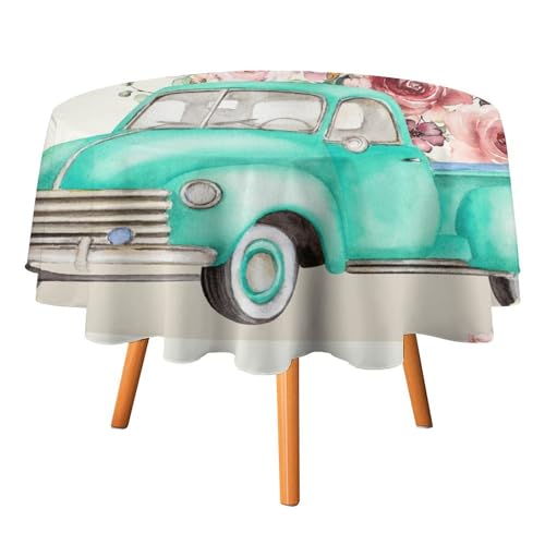 Tischdecke mit Blumenmuster „Hello Spring Truck, rund, 127 cm, rustikales Vintage-Bauernhaus-Design, rosa Rosen für Küche und Esszimmer Tischdecke mit Blumenmuster „Hello Spring Truck, rund, 127 cm, rustikales Vintage-Bauernhaus-Design, rosa Rosen für Küche und Esszimmer von SMAZDFXX