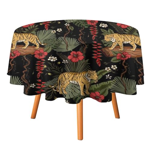 Tischdecke mit Tiger- und tropischen Palmblättern, rund, 91,4 cm, Regen, rote Blumen, Wildtiere, Tiger für Küche und Esszimmer Tischdecke mit Tiger- und tropischen Palmblättern, rund, 91,4 cm, Regen, rote Blumen, Wildtiere, Tiger für Küche und Esszimmer von SMAZDFXX