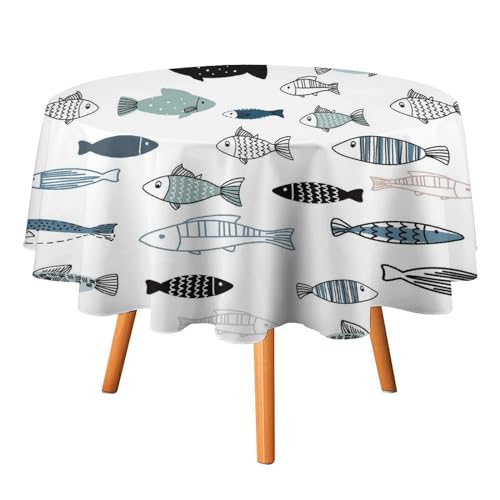 Tischdecke mit abstrakten Wildtieren und Fischen, rund, 127 cm, lustiges Cartoon-Thema, schwimmende Fische, geometrisches Design für Küche und Esszimmer Tischdecke mit abstrakten Wildtieren und Fischen, rund, 127 cm, lustiges Cartoon-Thema, schwimmende Fische, geometrisches Design für Küche und Esszimmer von SMAZDFXX