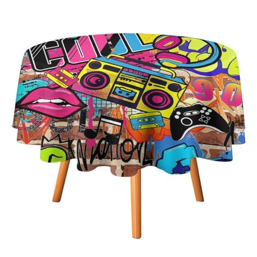 Tischdecken im Retro-Stil, Musik, Rock, Punk, rund, 177,8 cm, buntes Backsteinmauer-Design mit Hip-Hop-Graffiti-Fotografie der 90er für Küche und Esszimmer Tischdecken im Retro-Stil, Musik, Rock, Punk, rund, 177,8 cm, buntes Backsteinmauer-Design mit Hip-Hop-Graffiti-Fotografie der 90er für Küche und Esszimmer von SMAZDFXX