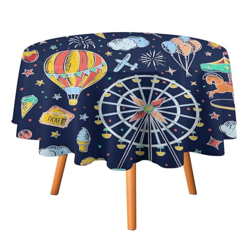 Tischdecken mit Cartoon-Riesenrad-Motiv, rund, 127 cm, Cartoon-Heißluftballon-Popcorn-Riesenrad-Aufdruck für Tischdecke für Küche und Esszimmer Tischdecken mit Cartoon-Riesenrad-Motiv, rund, 127 cm, Cartoon-Heißluftballon-Popcorn-Riesenrad-Aufdruck für Tischdecke für Küche und Esszimmer von SMAZDFXX