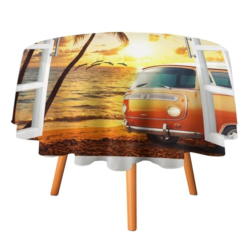 Tischdecken mit offenem Fenster, Sommer- und Strandmotiv, rund, 178 cm, ästhetisch, modern, nautisch, Sonnenuntergang, Tropische Palmen, für Küche und Esszimmer Tischdecken mit offenem Fenster, Sommer- und Strandmotiv, rund, 178 cm, ästhetisch, modern, nautisch, Sonnenuntergang, Tropische Palmen, für Küche und Esszimmer von SMAZDFXX