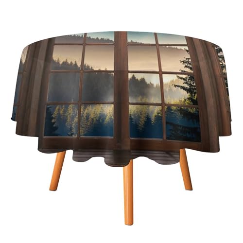 Tischdecken mit offenem Fenster, rund, 127 cm, Retro-Holz, natürliche Landschaft, Hütte, Berg, neblig, für Küche und Esszimmer Tischdecken mit offenem Fenster, rund, 127 cm, Retro-Holz, natürliche Landschaft, Hütte, Berg, neblig, für Küche und Esszimmer von SMAZDFXX