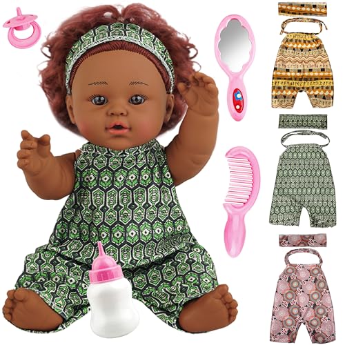 SMILESSKIDDO Schwarze Babypuppe, 30,5 cm, realistische Weichkörperpuppen mit 3 wechselbaren Kleidungsstücken und Puppenzubehör, amerikanische afrikanische schwarze Mädchenpuppe mit lockigem Haar, für SMILESSKIDDO Schwarze Babypuppe, 30,5 cm, realistische Weichkörperpuppen mit 3 wechselbaren Kleidungsstücken und Puppenzubehör, amerikanische afrikanische schwarze Mädchenpuppe mit lockigem Haar, für von SMILESSKIDDO