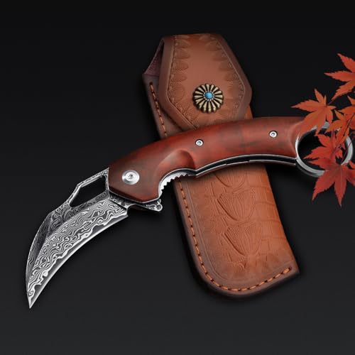 SMITH CHU Damast Pilzmesser VG10 Damaststahl Taschenmesser Scharfes Klappmesser Outdoor Messer mit Lederscheide, Geschenke für Männer von SMITH CHU