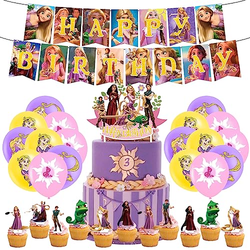 SMLHPARTY Rapunzel Geburtstag Party Deko: Luftballons, Kuchenaufsätze, Happy-Birthday-Banner in Purple mit Cartoon- und Buchstabenmuster von SMLHPARTY