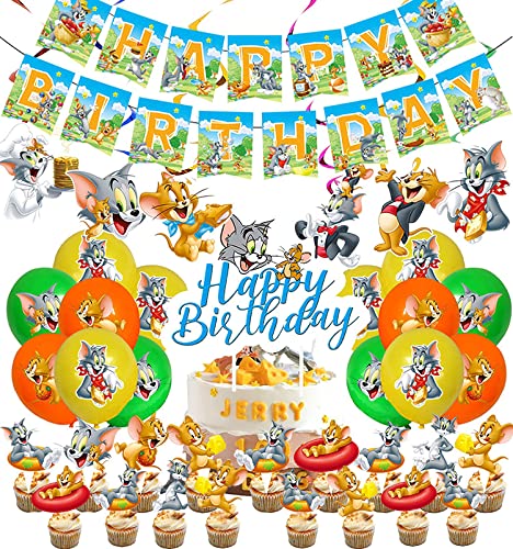 rosepartyh Geburtstagsfeier Dekorationen Tom und Jerry Luftballons Alles Gute zum Geburtstag Girlande Tortentopper Hängende Wirbeldekorationen für Kinder Thema Geburtstag Deko von SMLHPARTY