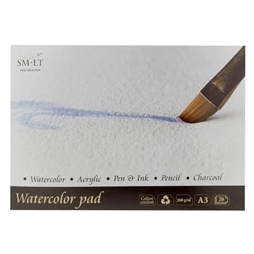SMLT 3AS-20(260) Watercolor Pads A3, Aquarellpapier, 260 gsm weiß 100% recycelter Papier mit Baumwolle, alterungsbeständig und säurefrei, 20 Blatt von SM.LT