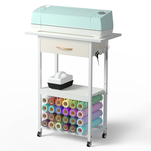 SMONTER Bastelwagen mit 24 Vinylrollenhaltern & 1 Schubladen, Rollbarer Bastelschrank kompatibel mit Cricut/Plotter-Maschinen, Mobiler Organizer für Bastelzimmer, Weiß von SMONTER