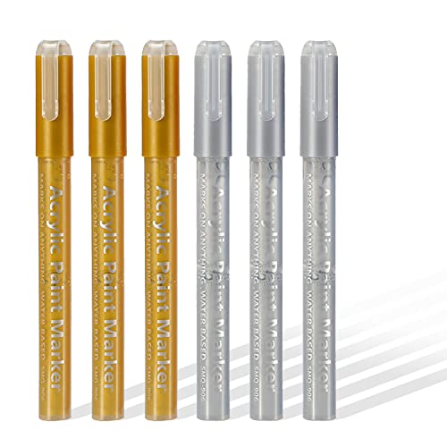 SMOOTHERPRO Acryl Pigmente Marker Felsmalerei 3 Gold und 3 Silber Wasserbasis Stifte Ultrafeine Feder für Erwachsene Glaskeramik Stoff Dekoration(HAP3GDSL) von SMOOTHERPRO