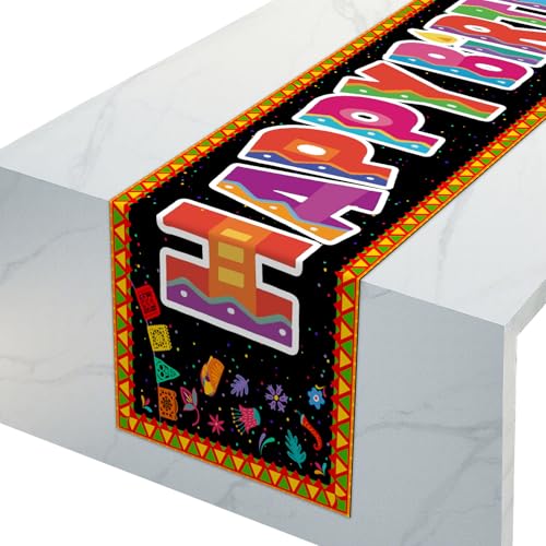 SMQTBDB 1 x mexikanische Fiesta-Party-Tischdecke, Happy Birthday-Tischdecke, Taco-Thema-Tischdecke für Geburtstagsdekoration, Taco-Partyzubehör, perfekt als Schreibtischdekoration, 33 x 183 cm von SMQTBDB