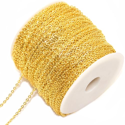 SMTCM 20m Gliederkette Gold Meterware 2 * 3mm O Kettenspule Metallkette Roll Eisen Kabelkette Bastelnkette Schmuckherstellung Link Kette Bulk Chain für DIY Halskette Ohrringe Armband Verlängerung von SMTCM