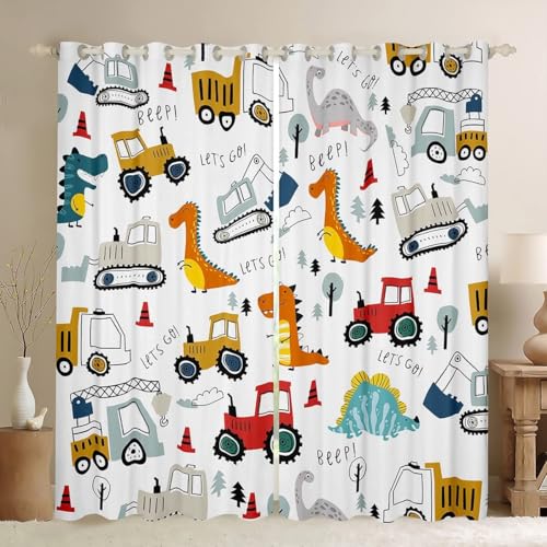 Thermoisolierte Vorhänge mit Cartoon Bauwagen Motiv Fenstervorhang mit Dschungel Dinosaurier Aufdruck Vollständig Verdunkelnd Sichtschutz Fenstervorhänge für Kinderzimmer, B140 cm x L160 cm x 2 Stück von SMXVRC