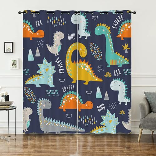 Verdunkelungsvorhänge mit Cartoon Dinosaurier Motiv Niedlicher Tier Dino Druck Panorama Muster lichtblockierend Wärmeisoliert Fenstervorhang für Kinderzimmer Dekoration, B140 cm x L213 cm x 2 Stück von SMXVRC