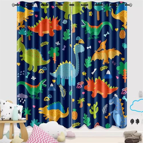 Verdunkelungsvorhang mit Dinosaurier-Motiv Cartoon-Dino Tropischer Pflanzendruck Fensterbehandlung Geräuschreduzierender Raum mit Ösen Vorhang mit Ösen für Kinderzimmer, B118 cm x L183 cm x 2 Stück von SMXVRC
